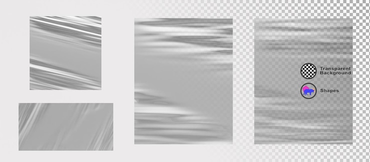 PSD folio 3d argento texture metallica arrugginita sfondo fogli di carta avvolti in acciaio tessuto rugoso o materiale plastico pezzi di pellicola modello di imballaggio in polietilene isolato su sfondo grigio