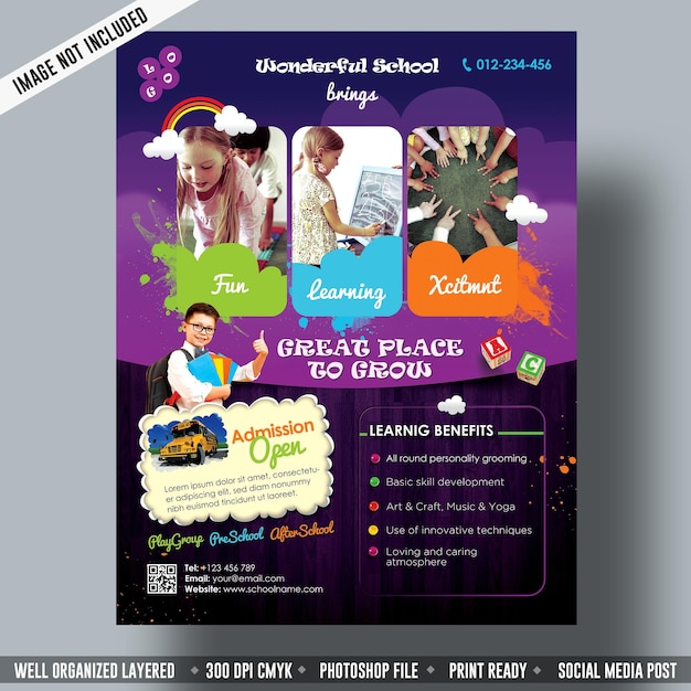PSD folleto de admisión a educación de escuela secundaria para niños psd