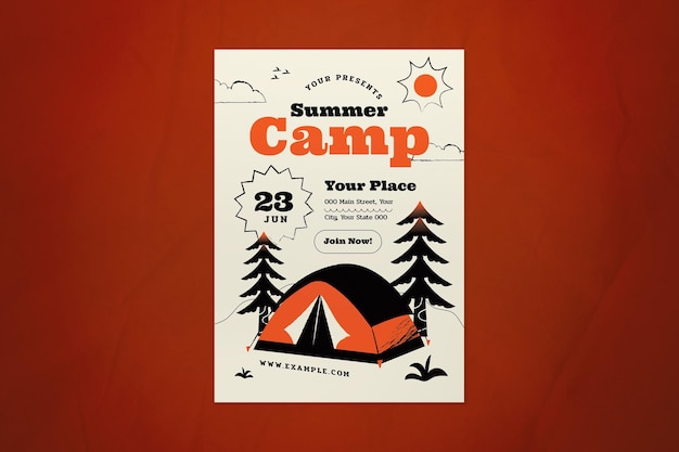 PSD folleto de campamento de verano de diseño plano blanco