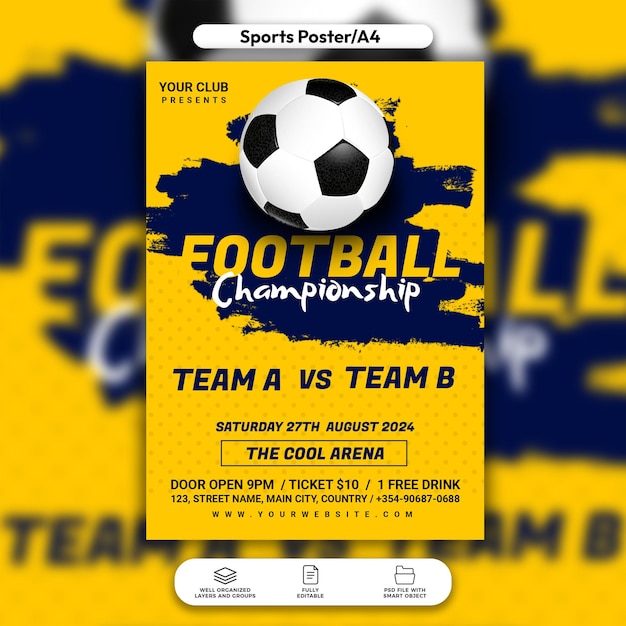 PSD folleto de campeonato de fútbol psd y plantilla de publicación en redes sociales