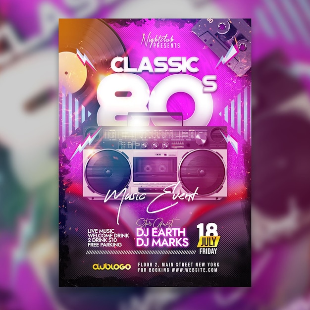 Folleto de cartel de fiesta de música clásica de los 80 psd