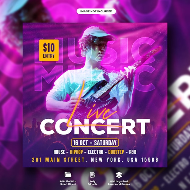 PSD folleto de concierto de música en vivo y plantilla de banner web de redes sociales
