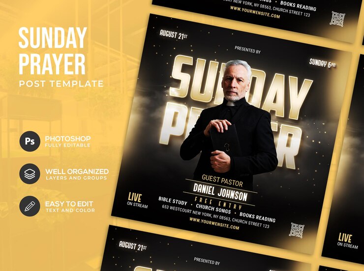 folleto de la conferencia de la iglesia publicación en las redes sociales plantilla de banner web