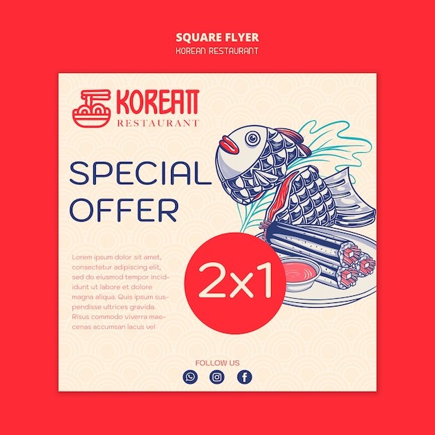 PSD folleto cuadrado de restaurante coreano dibujado a mano