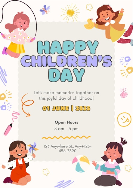Folleto del Día de los Niños Alegres con ilustraciones de niñas y juguetes