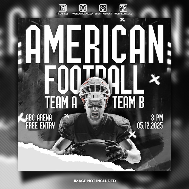 PSD folleto de evento deportivo de fútbol americano o plantilla de redes sociales