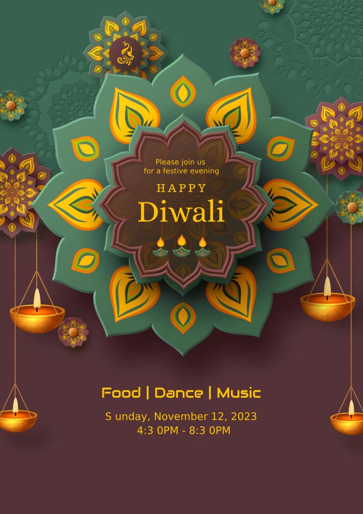 PSD folleto del festival de diwali ilustrativo marrón verde