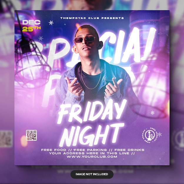 PSD un folleto de la fiesta del club de dj, una publicación en las redes sociales y un banner web.