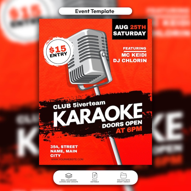 Folleto de fiesta de club nocturno de karaoke psd y plantilla de publicación en redes sociales