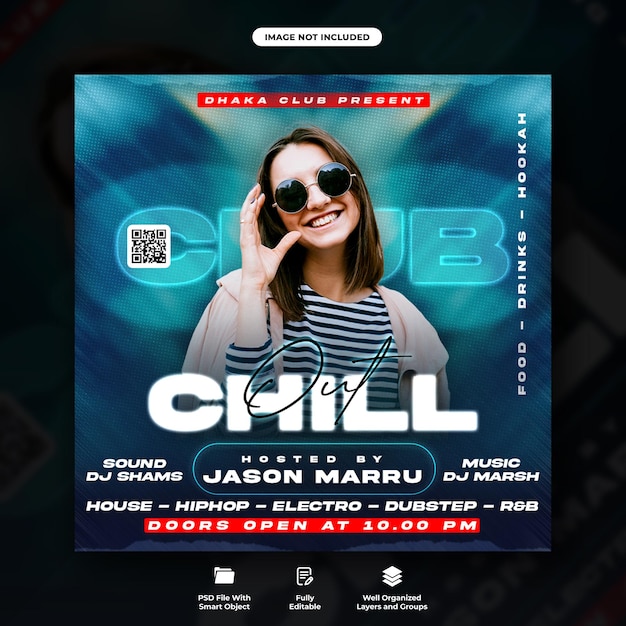 Folleto de fiesta dj club chill y plantilla de banner de redes sociales