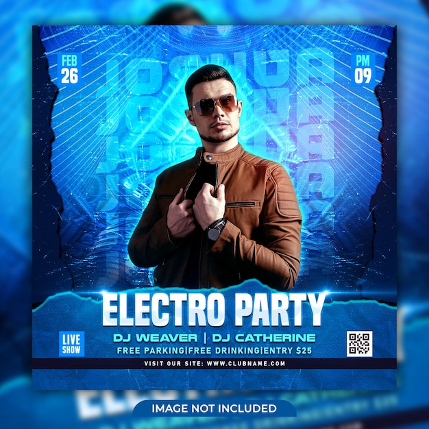 Folleto de fiesta de dj club, publicación en redes sociales y banner web