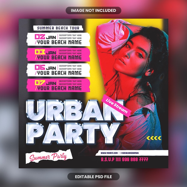 PSD folleto de fiesta de evento musical de noche de verano de club urbano dj o banner de redes sociales y plantilla de publicación de facebook