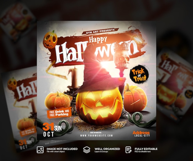 PSD folleto de la fiesta de halloween publicación en las redes sociales y banner web