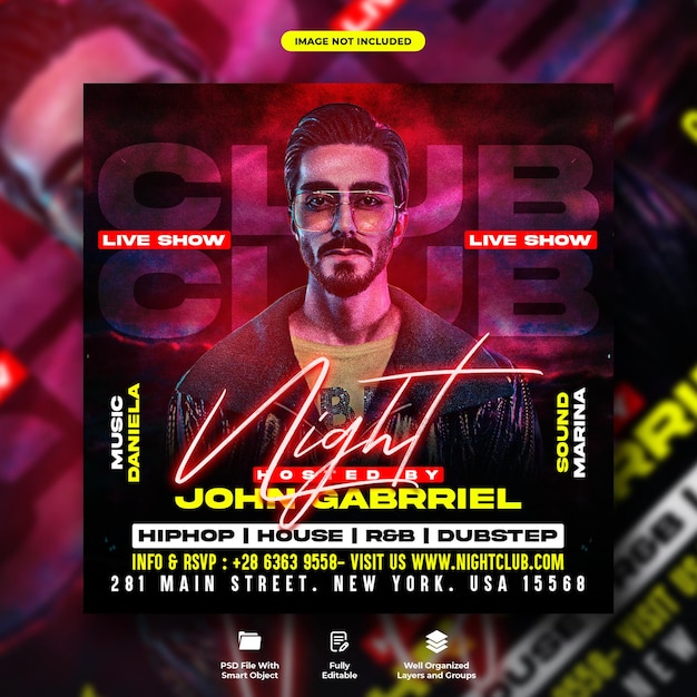 Folleto de fiesta nocturna de club de dj y plantilla de póster de redes sociales