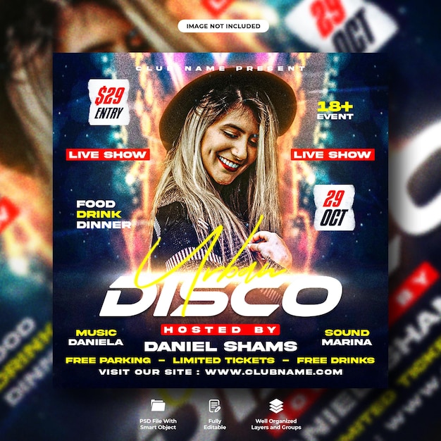 Folleto de fiesta nocturna de discoteca para damas de dj club y plantilla de banner web para publicación en redes sociales