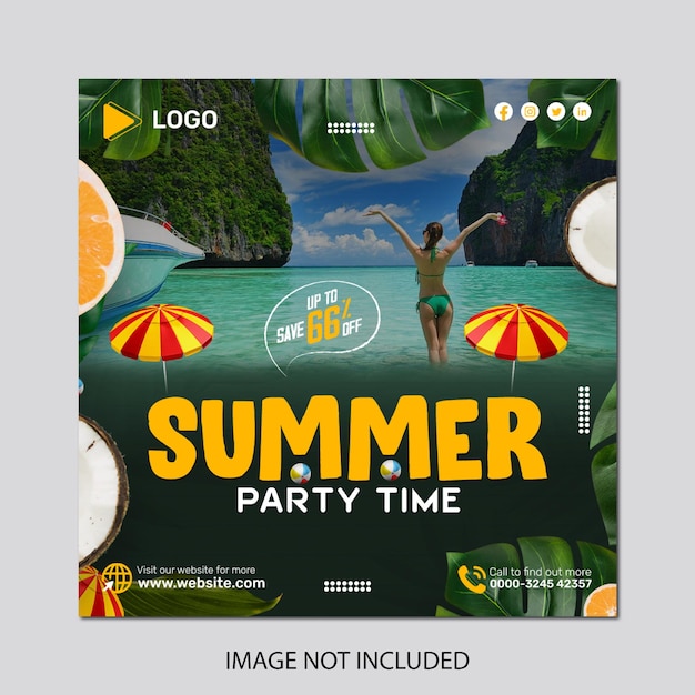 PSD folleto para la fiesta de verano con una foto de una playa y una mujer en la portada