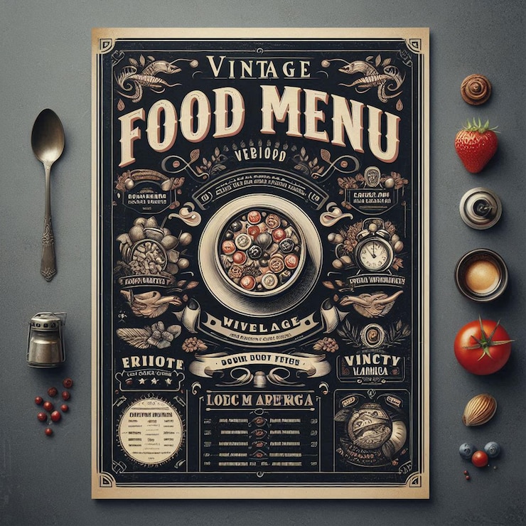 PSD folleto de menú de comida vintage o plantilla de diseño de póster en color oscuro