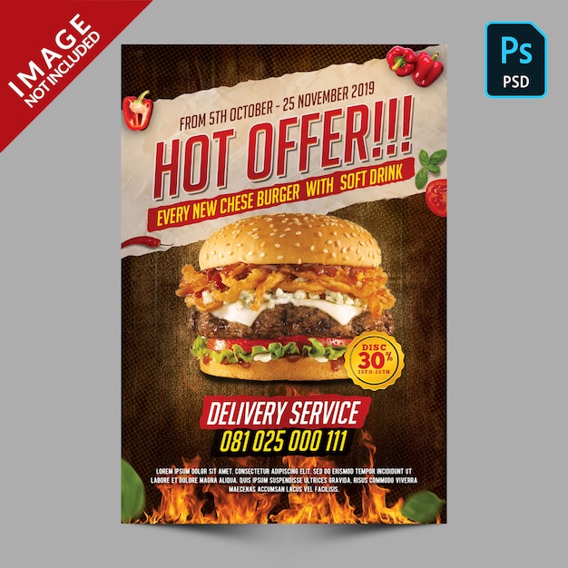 Folleto de promoción de hamburguesas hot offer