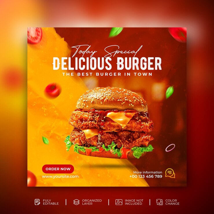 PSD folleto de promoción de menú de comida de hamburguesa deliciosa banner de redes sociales modelo psd