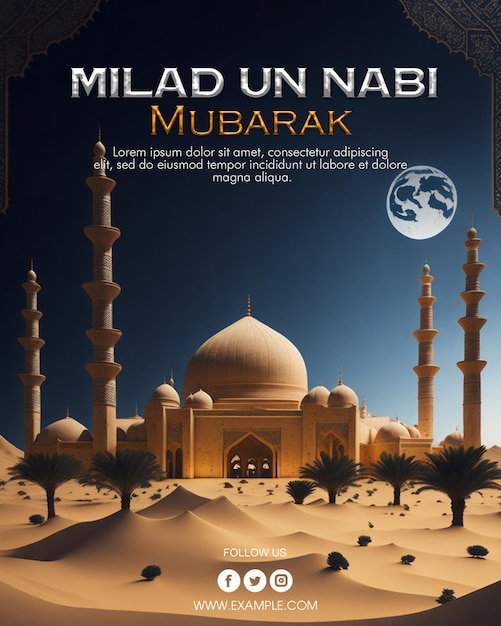 Folleto PSD y póster de eid milad un nabi con mezquita islámica