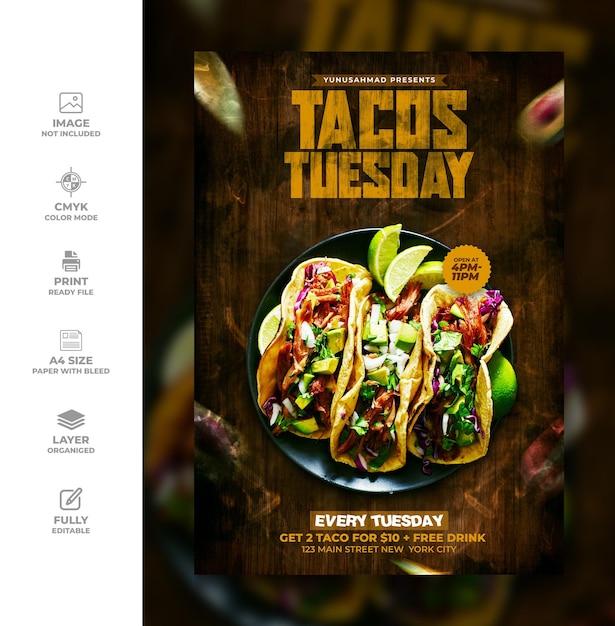 PSD folleto de tacos, plantilla de banner de instagram de comida mexicana latinoamericana