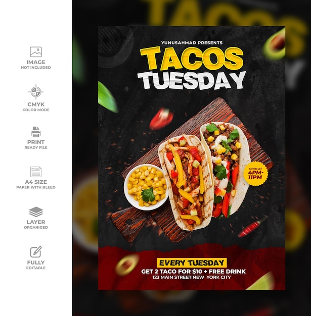 PSD folleto de tacos, plantilla de publicación de instagram de comida mexicana