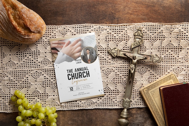 PSD folleto de vista superior sobre el contexto de la iglesia