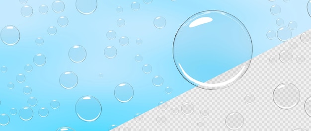 PSD fond 3d avec des gouttes d'eau claires des sphères de savon ou des bulles d'air des gouttelettes de condensation de la pluie ou de la rosée sur la surface bleue abstraite texture humide transparente motif blobs aqua pur