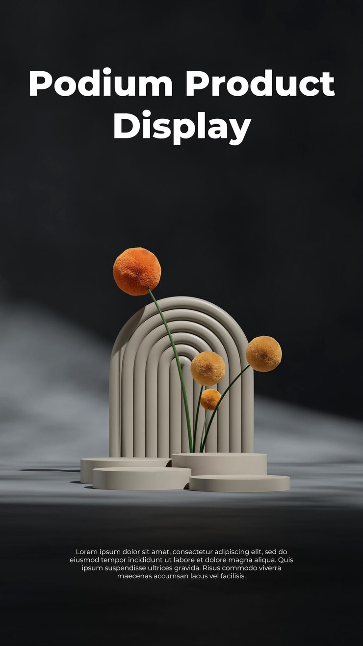 PSD fond d'arc 3d rendu de maquette vide couleur noire podium cylindrique incurvé en portrait