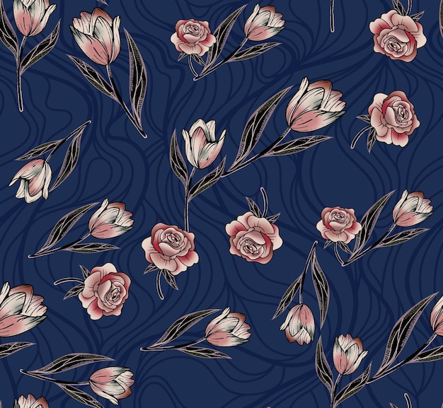 un fond bleu avec un motif de fleurs et de feuilles