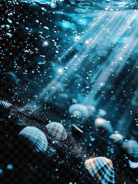 PSD un fond bleu et noir avec des coquillages et des bulles de mer