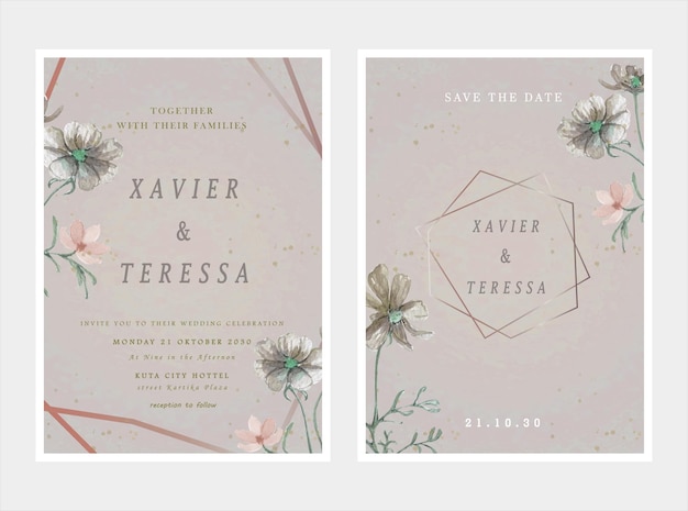 PSD fond de carte d'invitation de mariage de luxe avec fleur d'art en ligne dorée et feuilles botaniques psd