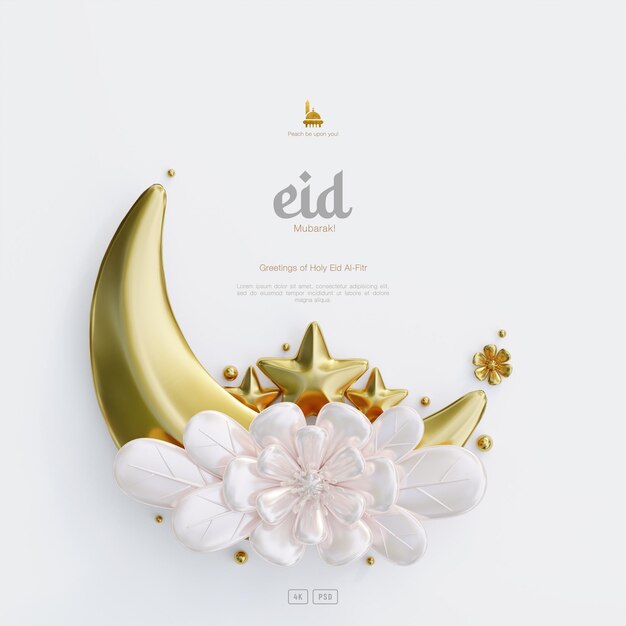 PSD fond de carte de voeux eid mubarak avec croissant de fleur 3d décoratif mignon et ornements islamiques