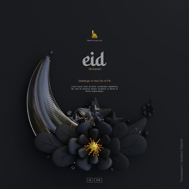 Fond De Carte De Voeux Eid Mubarak Avec Ornements De Croissant De Fleurs 3d Décoratifs Scène Sombre