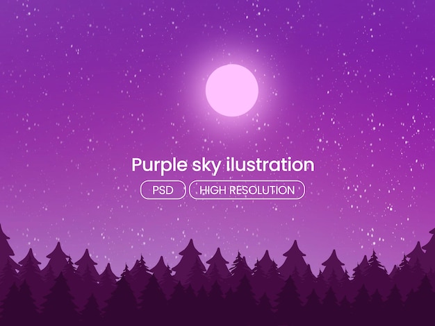 PSD fond de ciel violet et silhouette de forêt illustration blanche