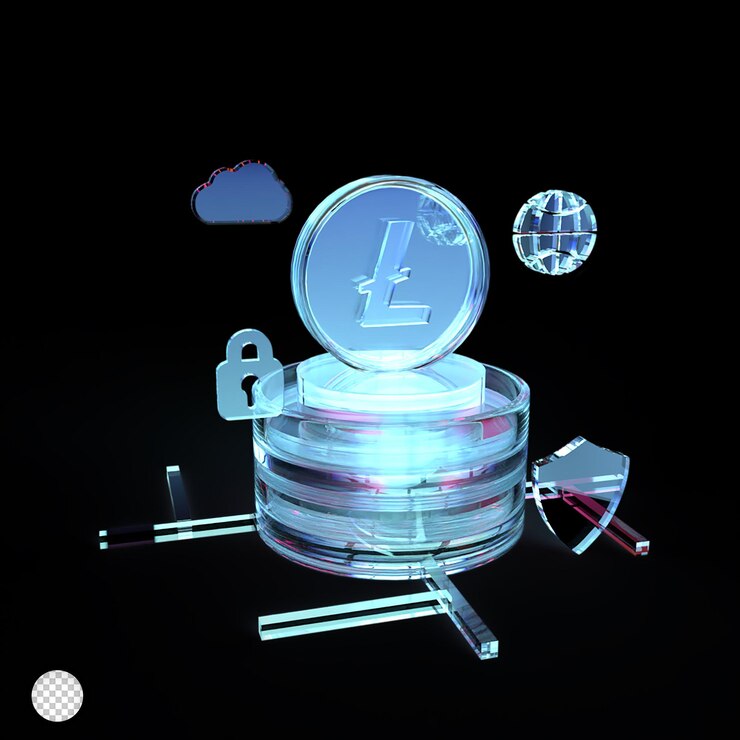 PSD fond de crypto-monnaie litecoin avec effet de verre, peut être utilisé pour l'illustration de rendu 3d de la page de destination