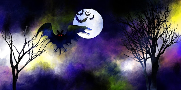 PSD fond d'halloween avec le paysage effrayant d'un ciel nocturne un groupe de chauves-souris forêt fantastique
