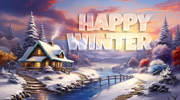 PSD fond d'hiver heureux avec une maison en bois dans le paysage d'hiver