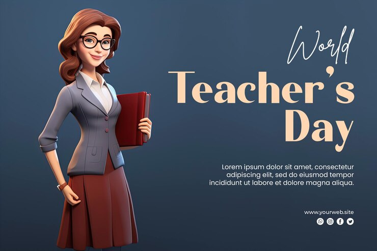 PSD fond de la journée mondiale des enseignants et journée des enseignants de bannière avec le personnage des enseignants de rendu 3d