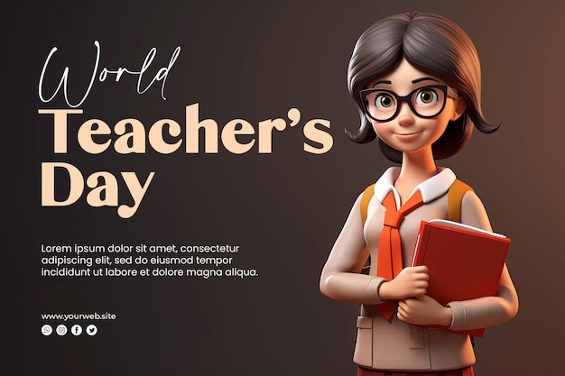 PSD fond de la journée mondiale des enseignants et journée des enseignants de bannière avec le personnage des enseignants de rendu 3d