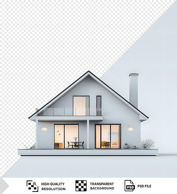 PSD fond maquette 3d transparente d'une maison avec un toit blanc et une cheminée grise entourée d'un petit arbre et de chaises noires sous un ciel blanc png