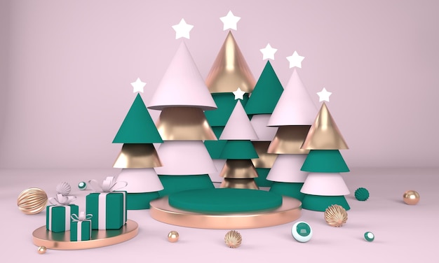 PSD fond de noël avec arbre de noël et scène pour l'affichage du produit dans le rendu 3d