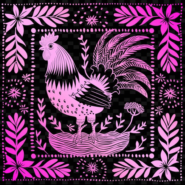 PSD un fond rose et violet avec un coq et des fleurs