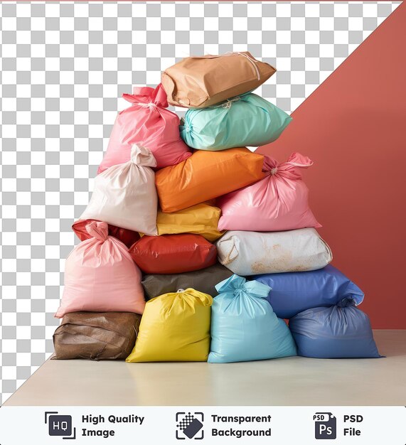 PSD fond sacs de compost psd transparents un assortiment coloré d'oreillers dont rose bleu jaune et blanc sont empilés l'un sur l'autre contre un mur rose