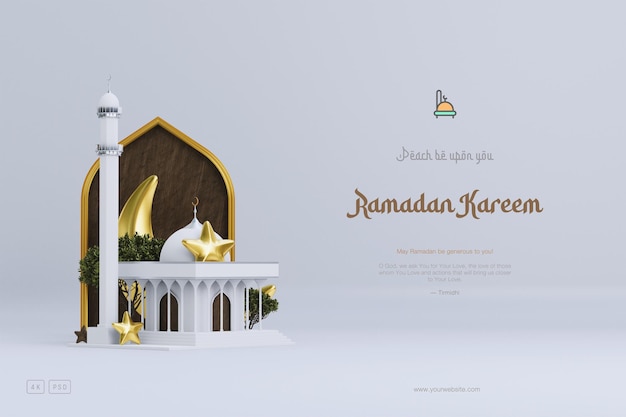 PSD fond de salutation du ramadan islamique avec des ornements mignons de mosquée 3d et de croissant islamique