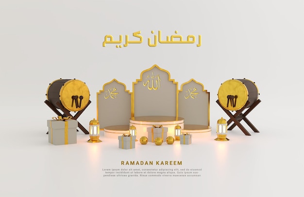 Fond De Salutations Du Ramadan Avec Deux Tambours Et Lanternes Arabes Podium Sur Le Sol 3d Réaliste