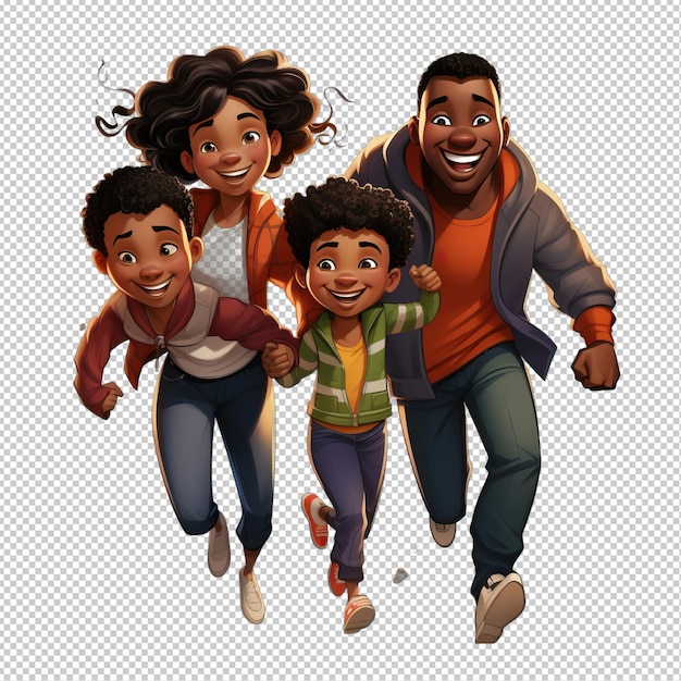 PSD le fond transparent de black family jumping 3d cartoon style est