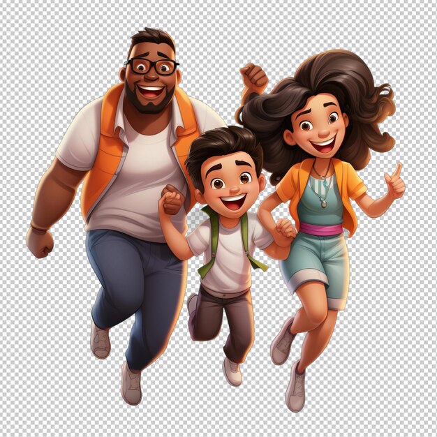 PSD le fond transparent de black family jumping 3d cartoon style est