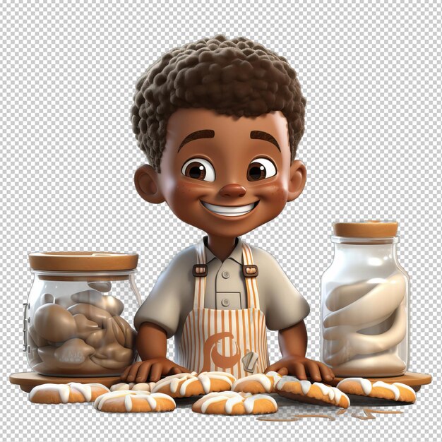 PSD le fond transparent de black kid baking 3d est isolé dans le style de dessin animé