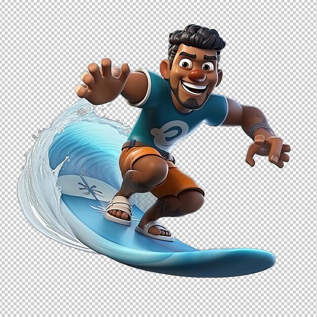 PSD le fond transparent de black person surfing 3d cartoon style est